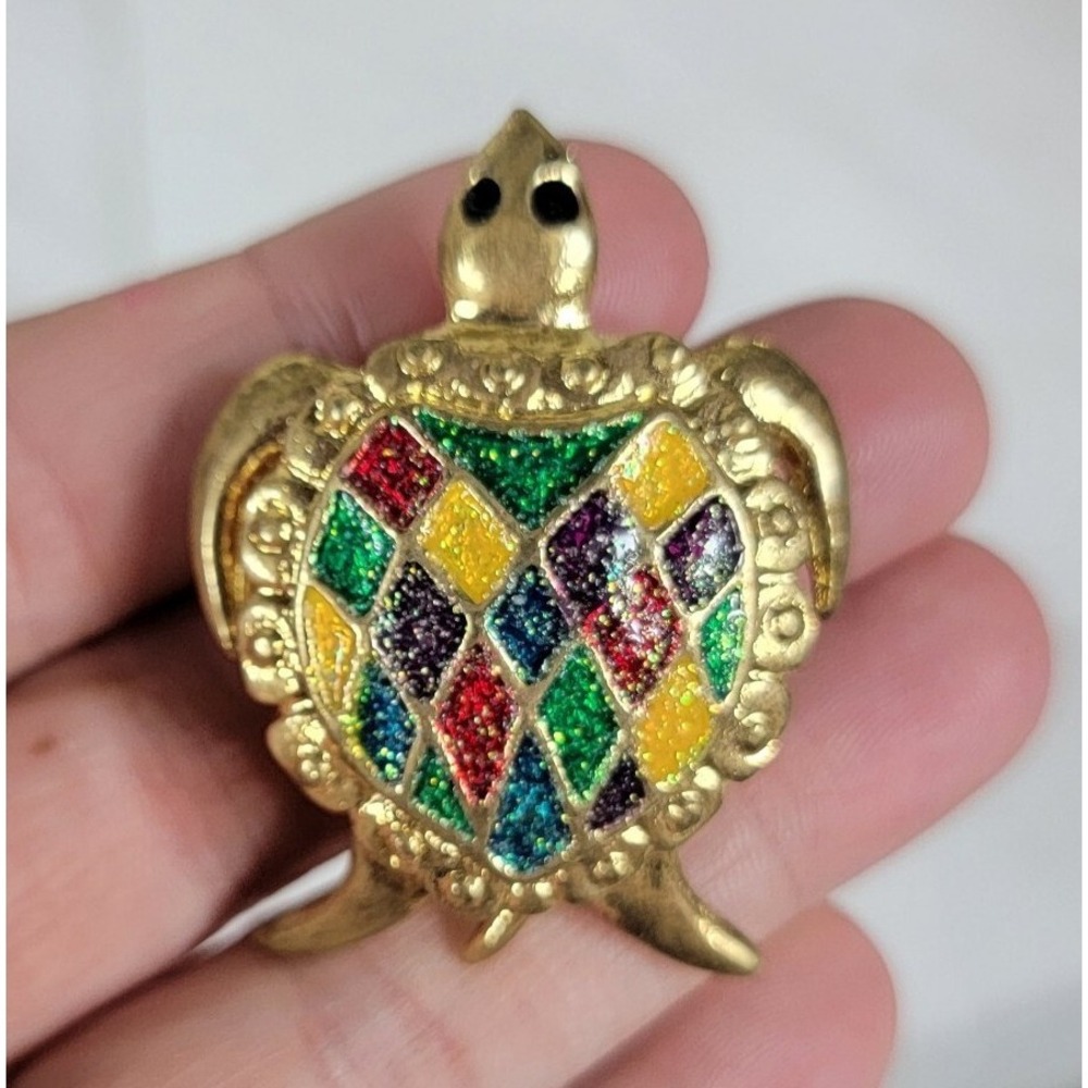 Vtg Gold Colorful Turtle Pin, 1980s Brooch, Stained Glass Sea
